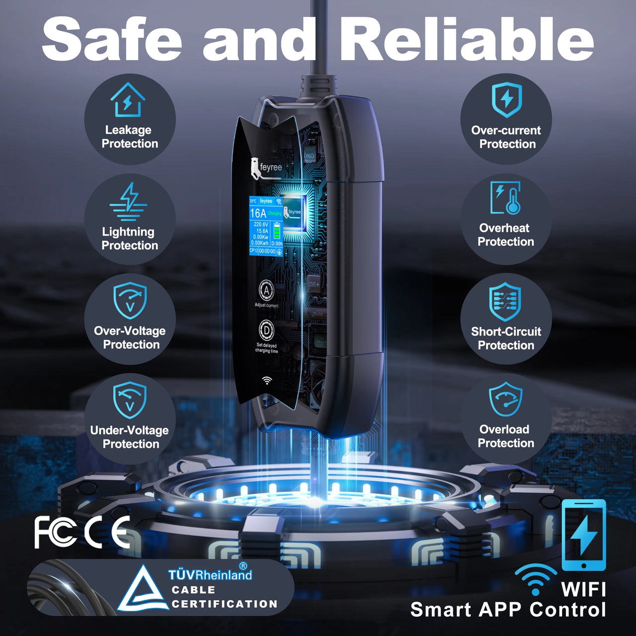 Bærbar Elbillader Type 2 – 16A 3,5kW med WiFi og APP-styring | 1-faset | 5m kabel