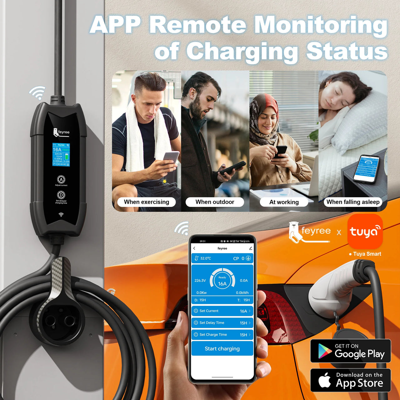 Bærbar Elbillader Type 2 – 16A 3,5kW med WiFi og APP-styring | 1-faset | 5m kabel