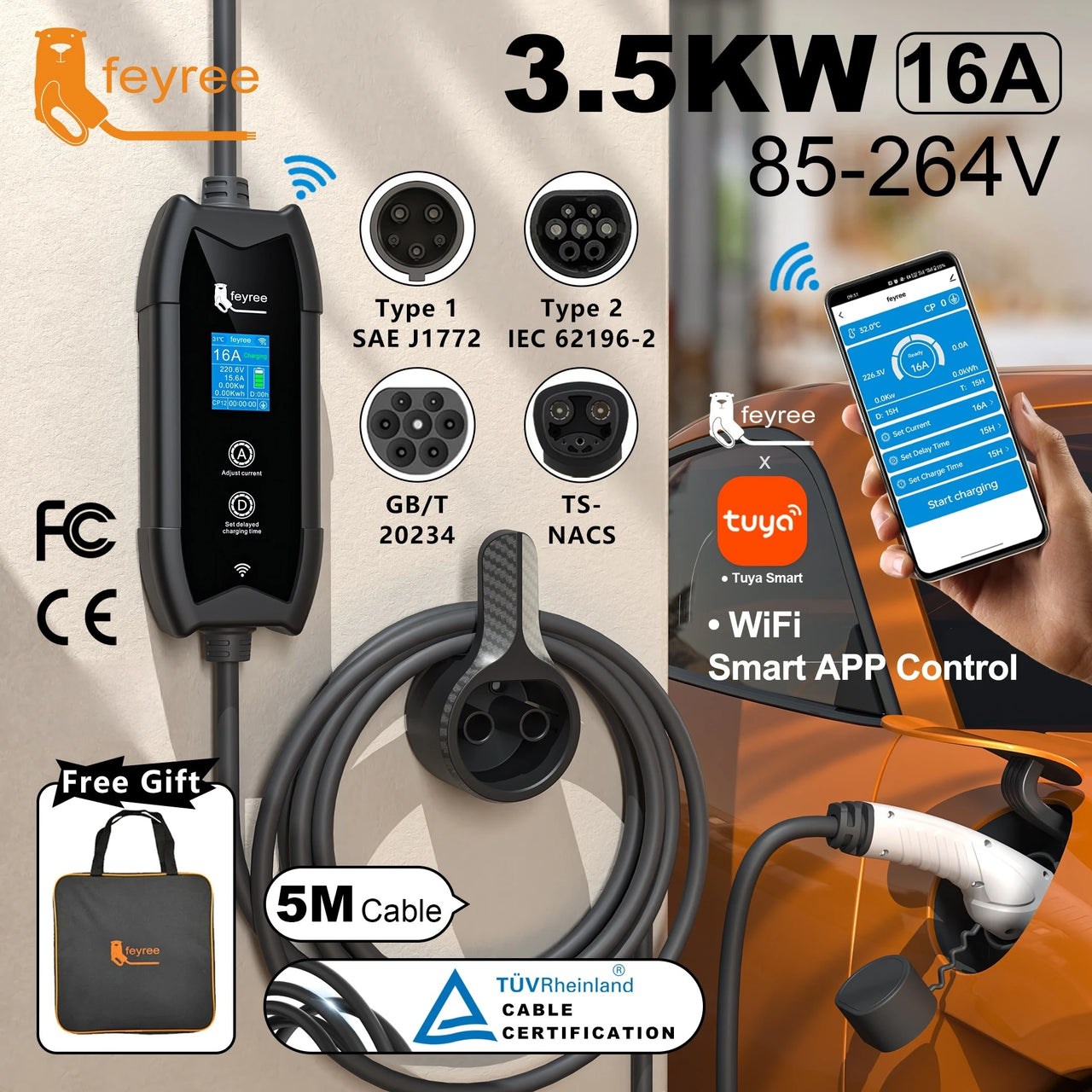 Bærbar Elbillader Type 2 – 16A 3,5kW med WiFi og APP-styring | 1-faset | 5m kabel